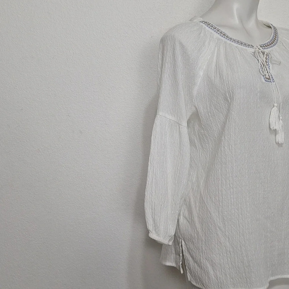Ruby Rd Bohemian Embroidered Tassel Tie Balloon Sleeve Peasant Boho Hippie Top M - Picture 8 of 13